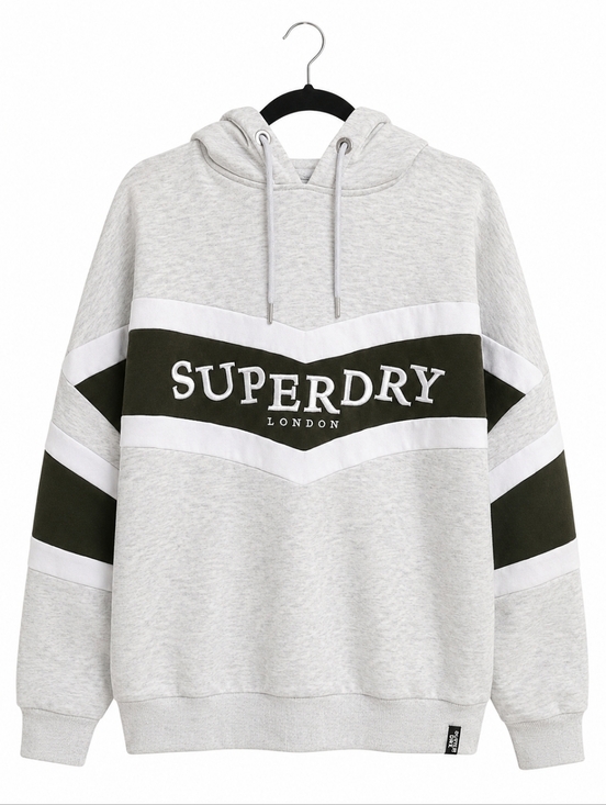 Superdry Tops - Superdry Hoodie Grey Black Logo Pullover Size UK 12 US 8 Casual Athleisure